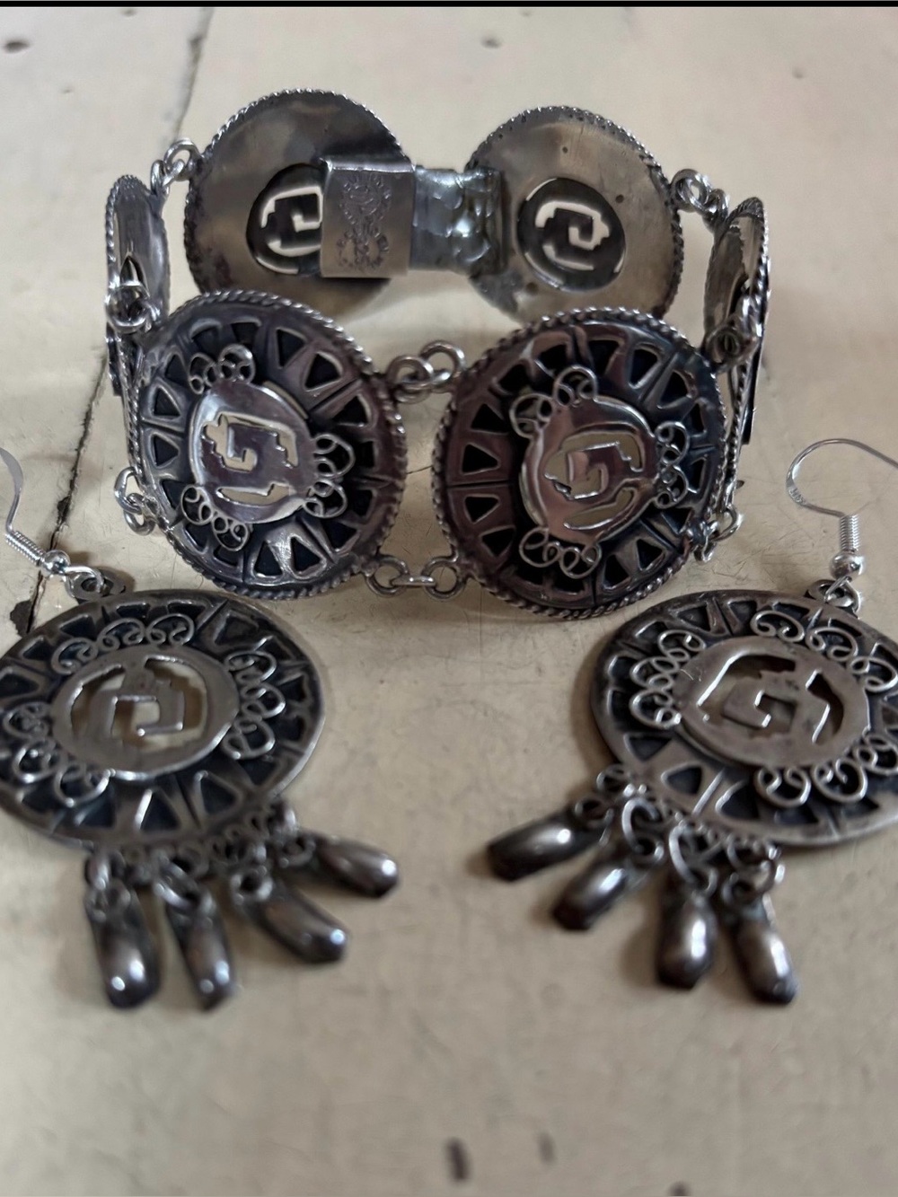 Vintage Cuernavaca Sterling Silver Mexican Bracelet and Earring Set